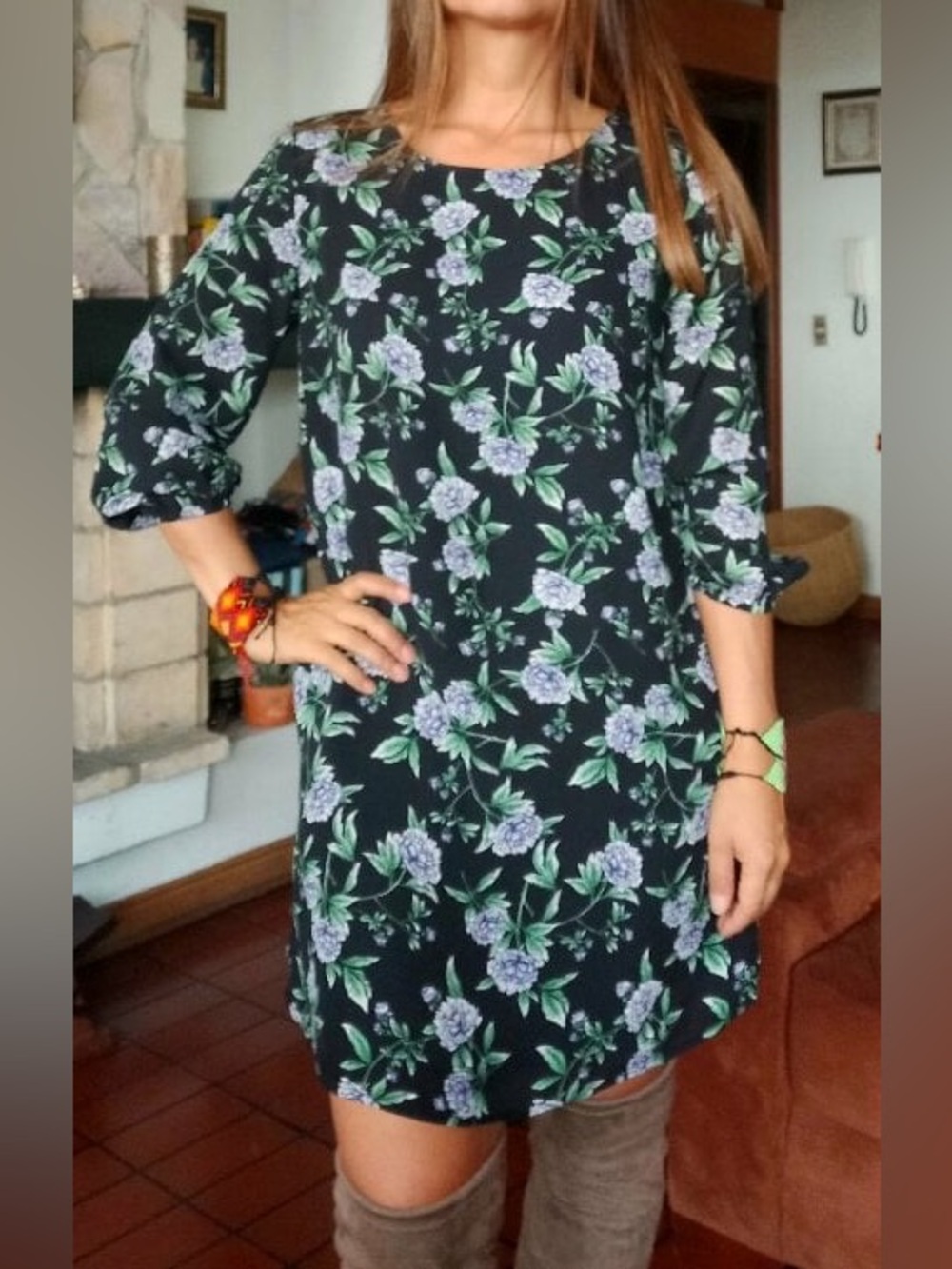 💜 NWT FOREVER 21 Floral Black w purple long elastic sleeves S Fully lined Dress